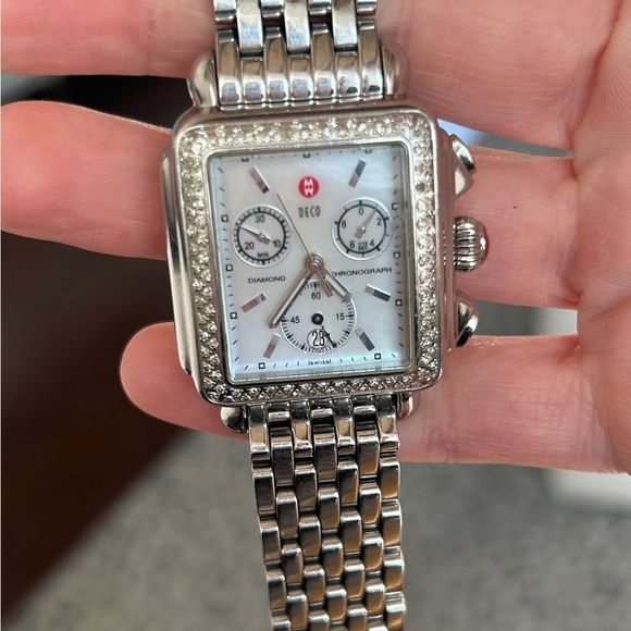 MICHELE Deco Stainless Diamond Watch With Addl Black Alligator Watch Band - Picture 4 of 14